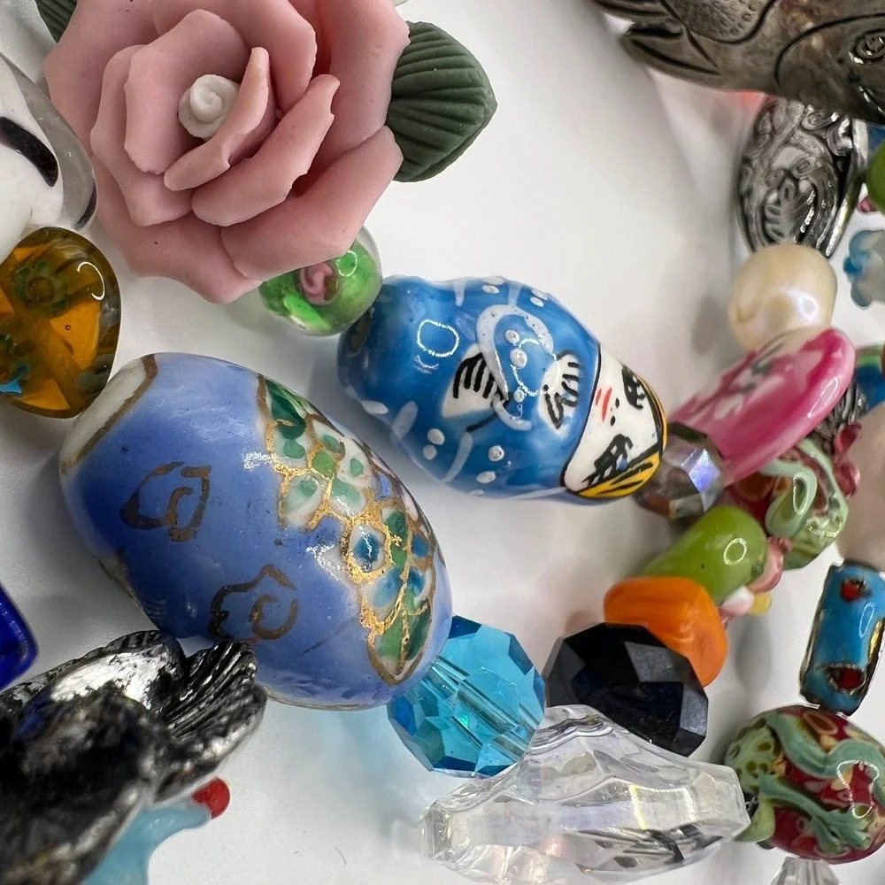 Geisha‎ Multi Strand Beaded Necklace Porcelain Lampwork Fish Nesting Doll Floral